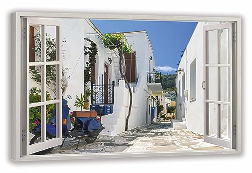 HUBDECO Leinwandbild Fensterblick Griechische Straße Bild 100x70 cm - Landschaftsbilder auf Leinwand - Wandbilder Wohnzimmer - Bild Fenster mit Ausblick - Aesthetic Room Decor - Wanddeko Schlafzimmer
