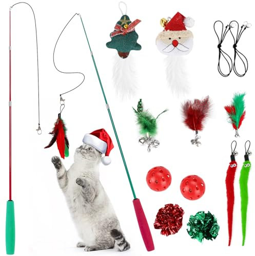 MEYDLL 16 Stück Katzenspielzeug für Weihnachten - Interaktives Spielzeug Mit Katzenangel und Federspielzeug - Geschenk für Katzen