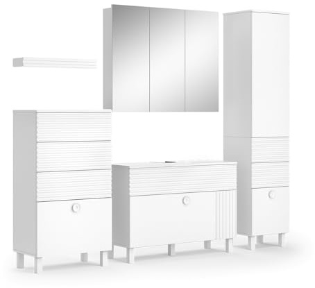 Vicco Set di mobili da bagno Sola, Bianco, 100 cm, composto da mobile lavabo, specchio, colonna, mobile bagno e scaffale