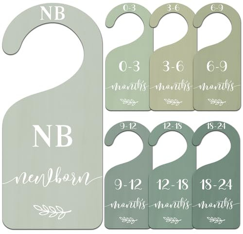 Whaline 7Pcs Green Wooden Baby Closet Size Dividers with Green Velvet Bag Newborn to 24 Month Thicken Infant Wardrobe Hanger Organizers for Home Nursery Supplies