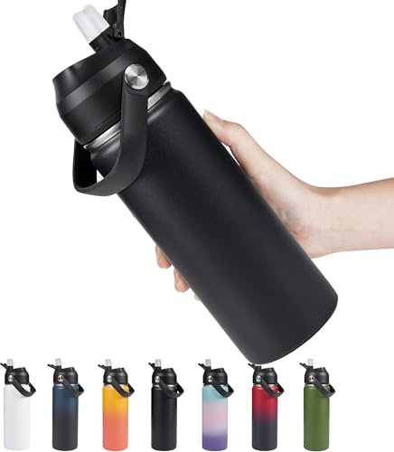 Fijinhom 18oz Insulated Stainless Steel Water Bottle, Wide Mouth Double Wall Vacuum, Silicone Straw, Sweat & Leak Proof, BPA Free Insulated Water Flask for Travel, Keep Cold 24h Hot 12h, Black