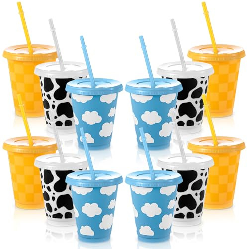 Tioncy 12 Pcs 16 oz Cartoon Story Party Reusable Plastic Cups Themed Plastic Tumbler with Lid and Straw Drinking Cup Cartoon Story Carnival Party Favors for Decorations Party Supplies