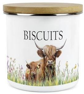 Purely Home Highland Cow & Calf Small Biscuits Storage Canister - Countryside Farm Metal Enamel Kitchen Food Storage Container - Biscuit Tin Gifts