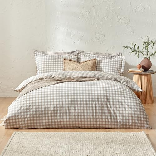 Yard Barton Cuadro Vichy Juego De Funda Nórdica – 100% Algodón Reversible Fundas De Almohada Oxford Suave Y Transpirable Ropa De Cama Premium (Natural – Individual – 137x200cm)