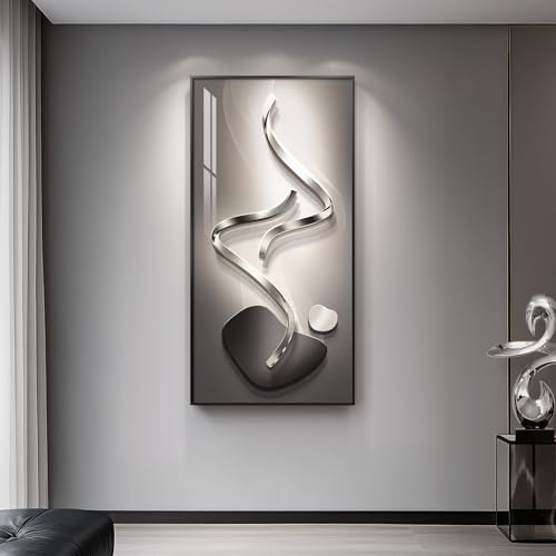 Large Framed Modern Abstract Vertical Wall Art for Living Room, Black Grey Prints Paintings Artwork for Walls, Silver Gray Luxury Pictures for Hallway Entryway Foyer Stair Office Wall Decor 30x60 Inch
