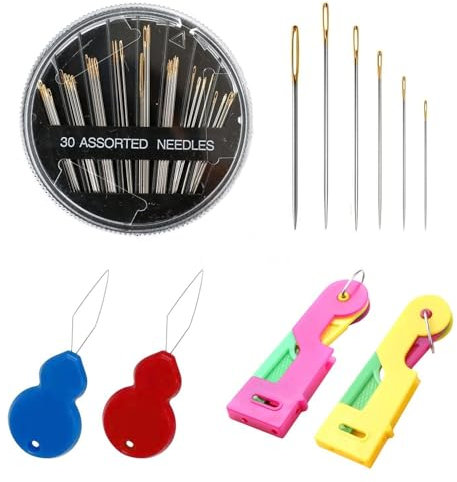 SLEEKEE 30 Piezas Agujas De Coser A Mano, 4 Piezas Enhebradores De Agujas, Agujas De Coser con Caja, Agujas De Bordar En Diferentes Tamaños, Juego De Agujas De Coser para El Hogar