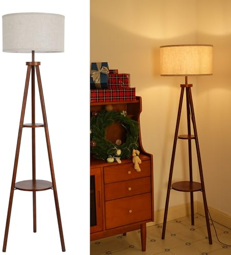 LuminexDesigns Lampada da Terra Treppiede in Legno con Ripiano, Piantana Vintage Rustica Retro in Noce con Paralume in Tessuto, Interruttore a Pedale, 154 cm, E27, per Soggiorno, Camera da Letto