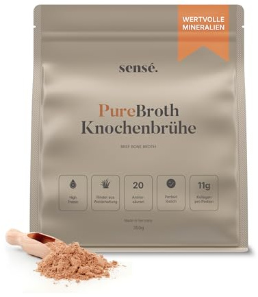 Sensé.Knochenbrühe Pulver vom Weiderind, aus Deutschland, Bioaktiv, 350g – Kollagen Typ 1,2 & 3 | Unterstützt Gelenke, Darm und Haut | hoher Proteingehalt | Leaky Gut, Keto | ohne Salz | Bone Broth