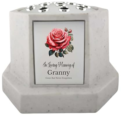 In Loving Memory Of Memorial Octagon Rose Bowl Grave Marker Flower Pot Vase With Rose Design Mum Dad & Lots More White/Silver (UV PRINTED) (Granny)