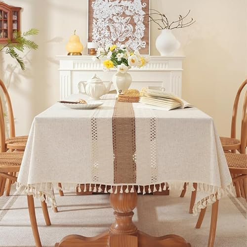 Lifetooler Mantel Antimanchas Rectangular Algodón y Lino Impermeable Manteles de Mesa Elegante con Borla para Exterior Jardin,Cocina Decoracion Mesa Comedor(Beige,140x140cm)