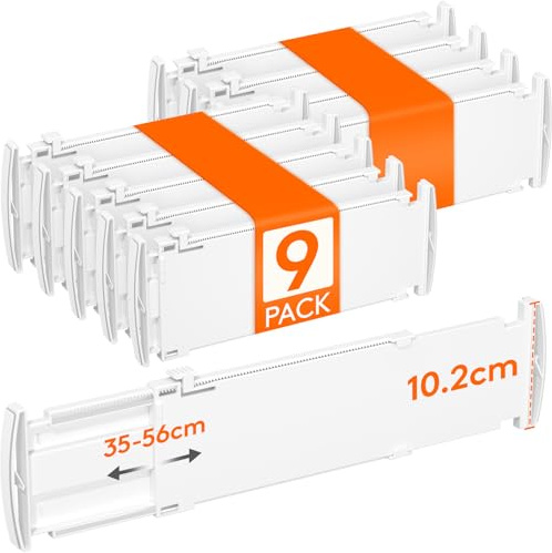 Lifewit Separatori per Cassetti Salvaspazio, Divisori per Armadio Interno Regolabili, Organizer per Cassetti, Accessori per Bagno/Cucina/Ufficio, 9 Pezzi, Lunghezza 35 – 55 cm, Altezza 10,5 cm