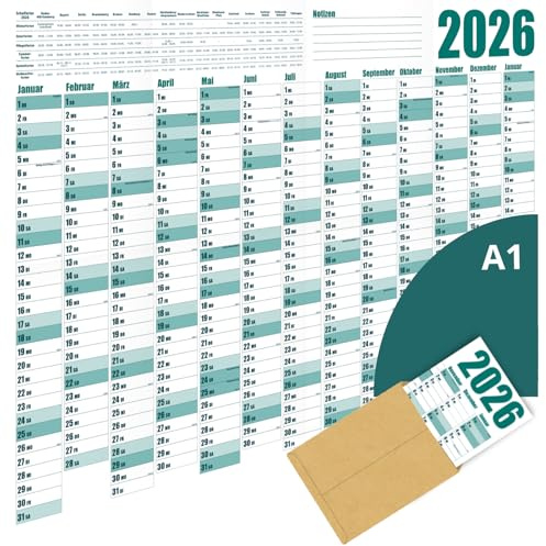 Calendrier mural annuel 2026 – Format A1 – Grand calendrier annuel XXL plié – Avec aperçu des jours fériés et vacances scolaires – Planification optimale de l'année et des vacances (turquoise, 1)