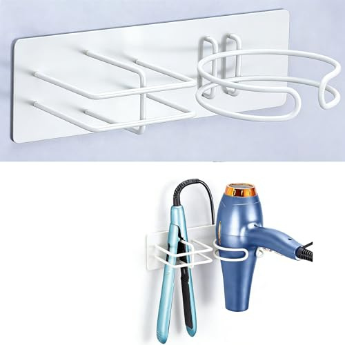 LOXSUN Porta Phon da Muro Adesivo, Porta Phon e Piastra Metallo, Porta Asciugacapelli, Supporto per Asciugacapelli per Camere da Letto Toilette Barbiere, Bianco