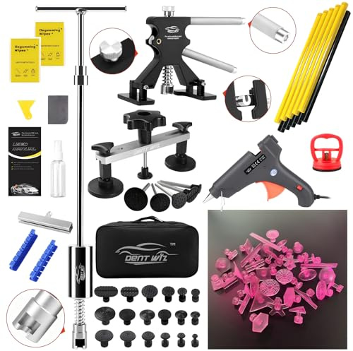 Car Dent Puller Kit, Paintless Dent Remover Tool with High Viscosity Puller Tabs & Glue Sticks Hot Glue Gun, 2-in-1 Slide Hammer T-bar, PDR Tools Set for Car Dent Repair Hail Damge or Door Dings
