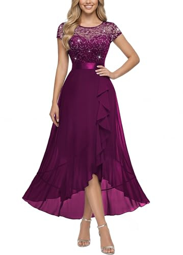 MIUSOL Women's Elegant Floral Lace Ruffle Evening Formal Wedding Guest Party Maxi Dress (Large, Sequin Version - Maroon)