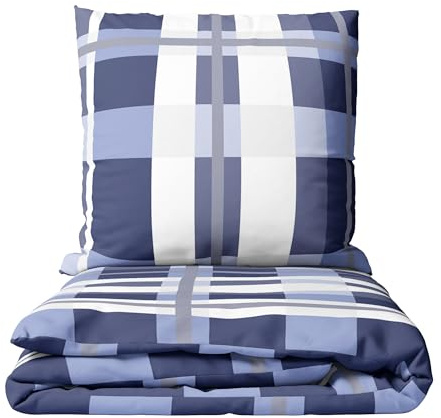 Leonado Vicenti Biber Bettwäsche Set 155x220 cm + 80x80 cm Gestreift Kariert Blau Weiß Lila Kuschelig Warm Winter Reißverschluss (Blau, 155 x 220 cm)