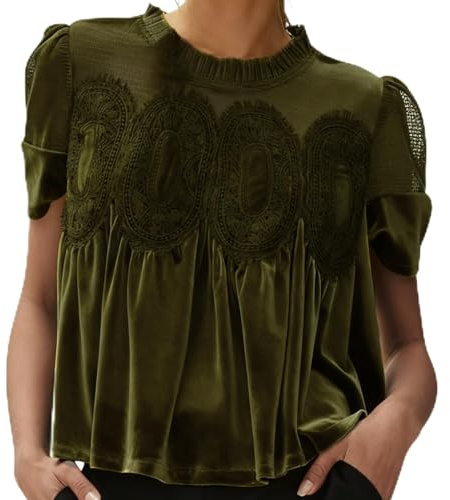 Dam sammet spetsblus vardaglig rund hals kort, elegant utsvängd swingtopp rund, gRÖN, XL
