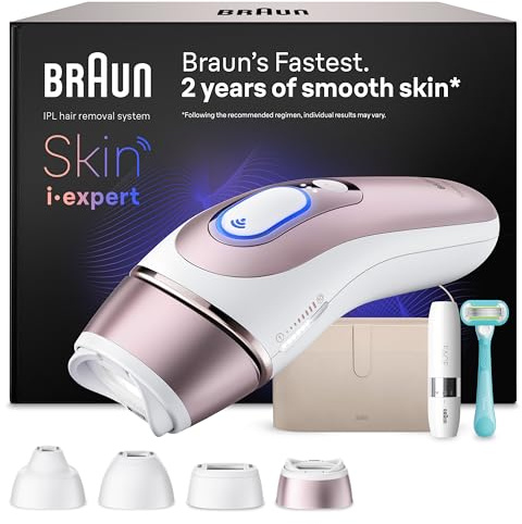 Braun Epilateur Lumiere Pulsee Smart Skin i·expert, Alternative Au Laser A Domicile, Réduction Semi-Définitive Des Poils, Application, Mini Rasoir Visage, Rasoir Femme Gillette Venus, 4 Têtes, PL7442