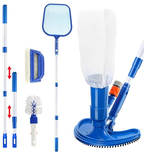 Set di pulizia per piscina, portatile Jet Vacuum Head Pool Aspirapolvere con asta telescopica regolabile, spazzola abrasiva e rete skimmer per la pulizia della piscina, foglie, sporco, sabbia fango