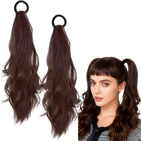2 Piezas Coleta Postiza con Banda Elástica, Rizadas Sintético Ondulado, Marron Ponytail Largo para Mujeres (Marrón)