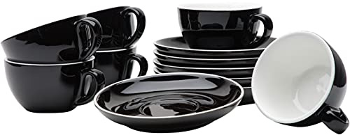 Gastro Spirit - 12-teiliges Cappuccino-Tassen Set - Schwarz, 200 ml, Porzellan, dickwandig, spülmaschinenfest, italienisches Design - 6er Kaffee-Tassen Set mit Untertassen