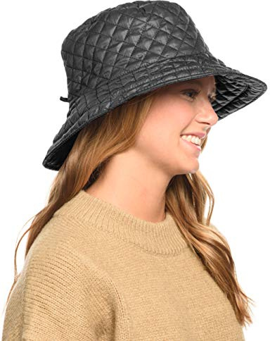 Foldable Water Repellent Quilted Rain Hat w/Adjustable Drawstring, Bucket Cap (Gray)