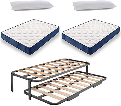 HOGAR24 ES Cama Nido Metálica Reforzada + 2 Colchones Viscoelasticos Viscorelax + 2 Almohadas De Fibra Resinada, 80x190 cm