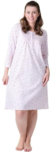 Camille Organic Cotton Women's Nightie - Floral Knee Length Ladies Cotton Nightdress | Relaxed Fit Traditional Nighty with Long Sleeves | Flattering Shape Nightwear - Pink 18-20