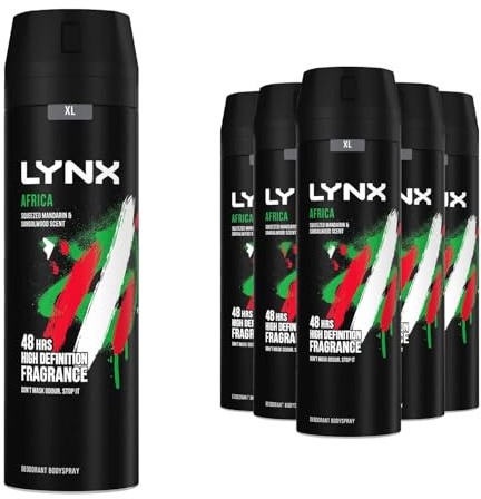 Lynx Africa Aerosol Body Spray Deodorant for Men 6 Pack, 48-Hour Odour Protection Warm Scent of Mandarin and Sandalwood, Men's Deodorant Spray with Zinc Technology, 200ml Each