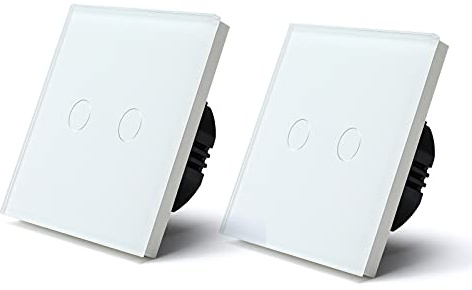 BSEED Interrupteur Tactile 2 Gang 1 Voie Interrupteur Général à Commande Tactile, Interrupteur Mural à Commande Tactile Avec Indicateur LED et Panneau en Verre 110V-240V Blanc, 2 Paquets