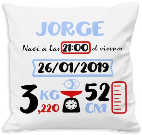 NANNUK - Cuscino di nascita personalizzato blu e rosso per neonati, personalizzabile con nome, ora, data, peso e misura del bambino. 45 x 45 cm.