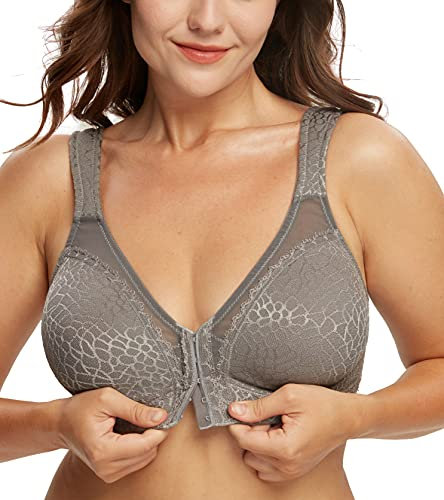DotVol Women's Full Figure Front Closure Wirefree Jacquard Back Support Posture Bra(Grey,40F)