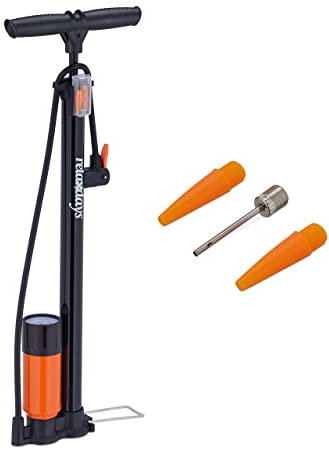 Relaxdays Standpumpe, Manometer, Doppelpumpkopf, 3 Aufsätze, Hochdruck Universalluftpumpe, alle Ventile, schwarz-orange