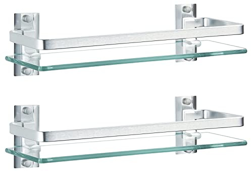 AIJALY 2 Pack Bathroom Glass Shelf,15.7 Inches Silver Bathroom Shower Glass Shelf Wall-Mounted, Metal Storage Floating Kitchen Shelf