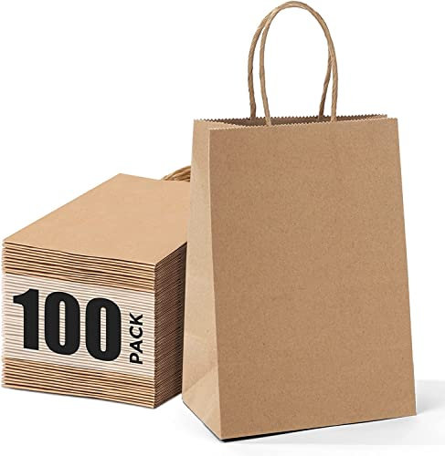 GIFTSAY 100stk Papiertüten mit Henkel Klein Braun 15X8X21cm, Geschenktüten für Hochzeitsfeier, Einkaufstüten, Einzelhandelswarentüten und Geburtstags