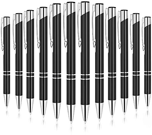 AUAUY - Bolígrafo de tinta negra, 12 unidades, tinta negra, bolígrafos personalizados, recargables, barril de acero inoxidable, instrumento de escritura para casa, escuela, oficina, regalo de boda