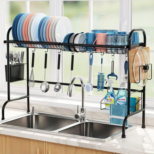 iSPECLE Over Sink Drainer Rack - Stainless Steel Large Dish Drainer, Multifunctional Over Sink Dish Drying Rack with Cutlery Holder, Chopping Board, Washing-Up Liquid Holder for Sink Organisation