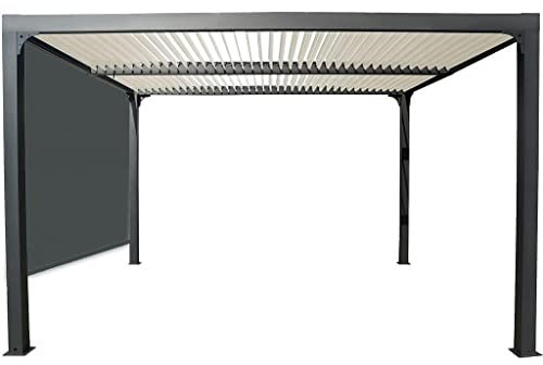 Pérgola bioclimática Habrita Foresta per 3630 R BI W Aluminio 10,80m2 techos crudo con cortina manual gris para lado 3m