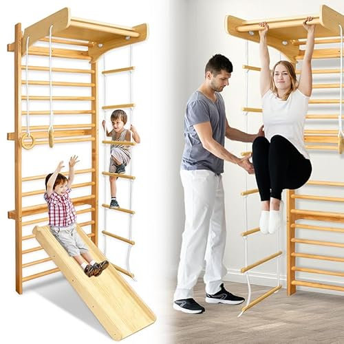 AufuN Sprossenwand Holz Turnwand Kletterwand Klettergerüst Fitness Turnwand inkl. Montagezubeöre, Sportgeräte für Kinder und Erwachsener, 215 x 82 x 6cm