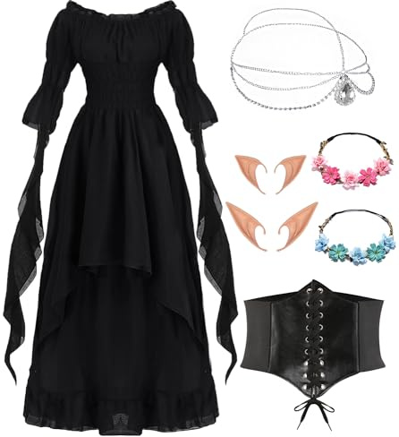 Abiti gotici vittoriani da donna, abbigliamento medievale rinascimentale, abito da sera nero vintage, costume da carnevale, Halloween, con orecchie da elfo, accessori per capelli, calzini, corsetto