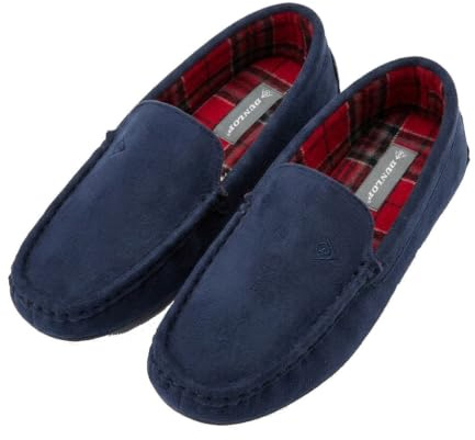 DUNLOP Men's Boris Moccasin Slippers with Tartan Lining Memory Foam Sock and TPR Sole