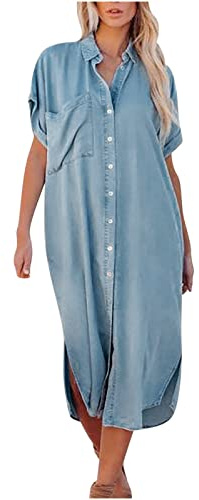 Zeiayuas Womens Summer Short Sleeve Button Down Denim Dress Casual Bell Sleeve Loose Fit Midi Shirt Dress with Pockets