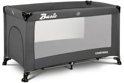CARETERO TUR Basic Bed - Ideal für zu Hause und auf Reisen - Reisematratze - Komfortable Tasche - Für Kinder von 1 Monat bis 4 Jahre - 9kg - Tür mit Reißverschluss - 124x65x74 cm - Graphit