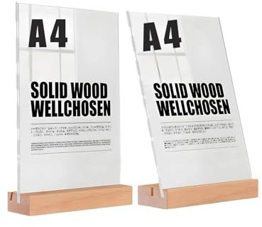 IheDovb 2 Stück A4 Tischaufsteller, Acryl Transparenter A4 Preisschilder Aufsteller Tischständer mit Holzfuß für Hochzeit Restaurant Cafe Menüs L-Form und T-Form Displayhalter