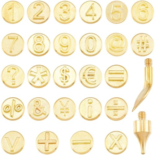GORGECRAFT Juego de 26 Punta para Quemar Madera Kit de Cobre Y Latón Dorado Plantilla para Soldar con Símbolos Numéricos Quemador de Cuero Juego de Plantillas para Pirograbado Grabado En Relieve