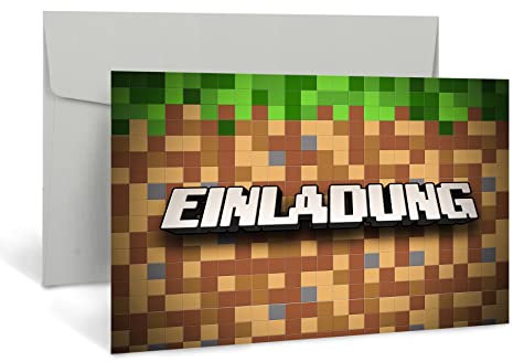 PEUZ 12x Einladungskarten im Pixel-Look für Kindergeburtstage mit 12 grauen Umschlägen – Einfache Ausfüllkarten für Jungen & Mädchen, ideal für kreative Geburtstagsfeiern & Partys