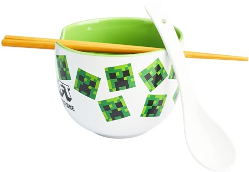 Get Trend Minecraft Ramen Bowl 3 Pc Set with Bamboo Chopsticks, Spoon for Kids Teens Adults, 20oz Bowl, Microwave Safe, Creeper Gamer Gifts for Boys (Multi Minecraft)