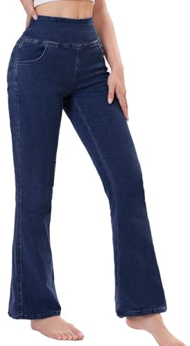 Chasehot Jean Femme Taille Elastique, Jeggings Taille Haute Bootcut avec Poches Flared Mode Slim Pantalon Denim Leggings Évasé Jambe Large Stretch,Bleu foncé-XXL-29