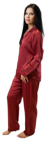 ESLI Satin unisex kvinnor män pyjamasset långärmad pyjamas button-down nattkläder mjukt sidenpyjamas, Vinrött, XL-XXL