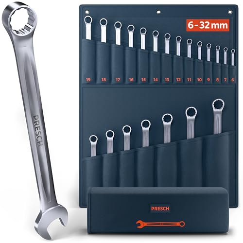 PRESCH Set di chiavi combinate 21 pz incl. borsa (6–32mm) - Chiavi di precisione e ultra robuste - Inclinazione 15° per lavorare in spazi ristretti